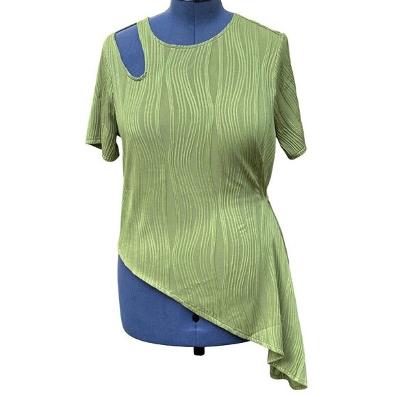 Boho Textured Squiggly Asymmetrical Top Women's XL Lime Green Cut-Out Keyhole - Picture 4 of 16